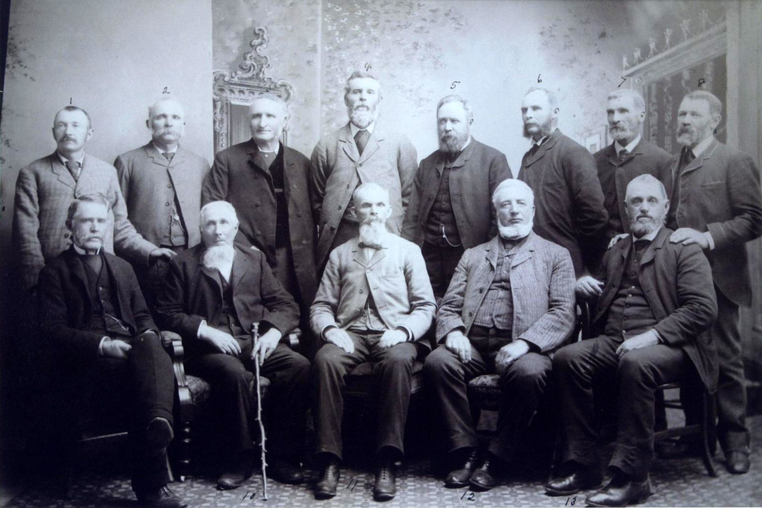 (Back Row) John H. Campbell, John Ramsey, WM. Key, WM. Roddick, John Miller, Thomas Lloyd Jones, James Harley, WM. Devlin. (Front Row) Manuel Freeman, Alexander McIrvine, W.R. Brown, WM. Turnbull, WM. Edmundson.