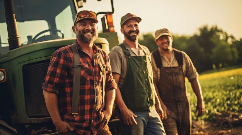 3 farmers posing in front of a tractor.